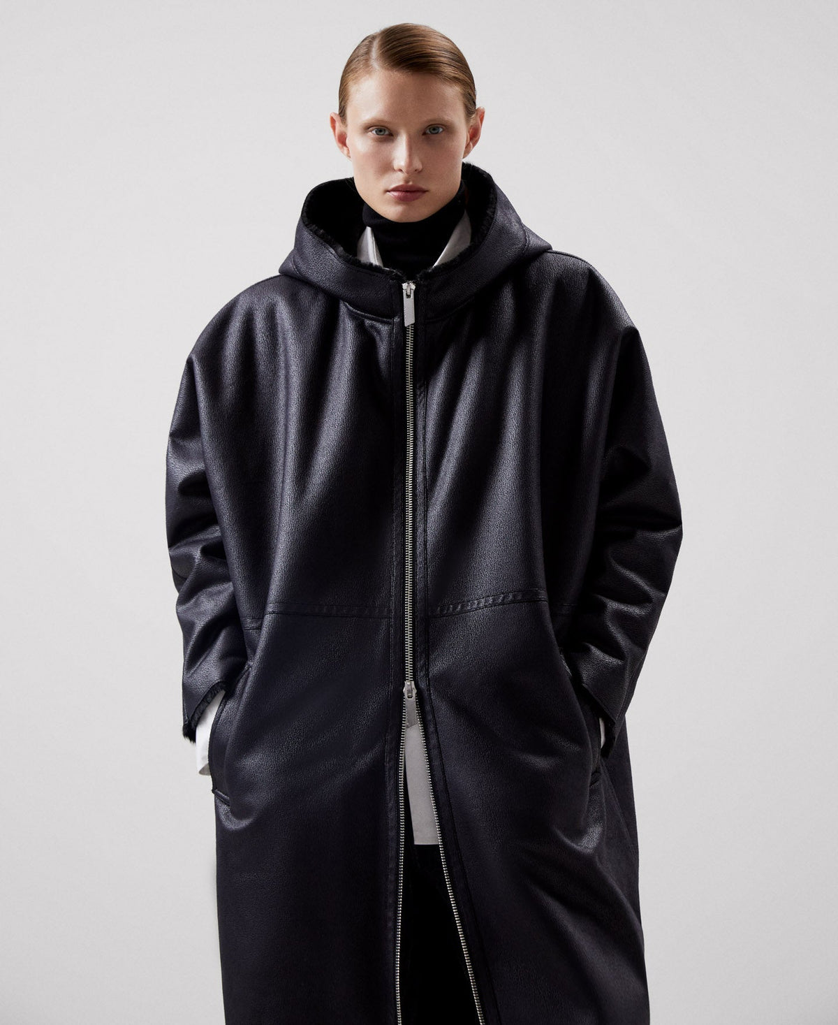 Women Ecoleather | Black Leather Textured Coat by Spanish designer Adolfo Dominguez