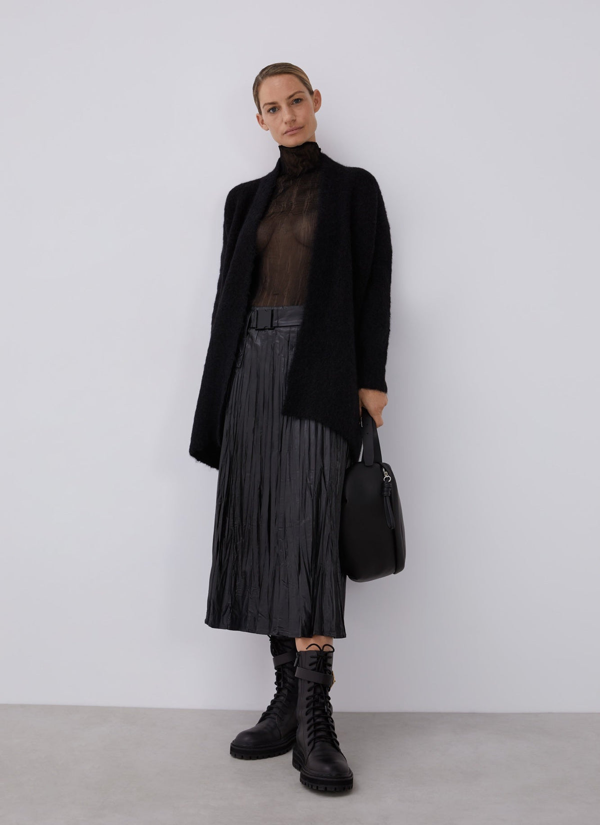 Women Shirt | Black Mesh Top With High Neck by Spanish designer Adolfo Dominguez