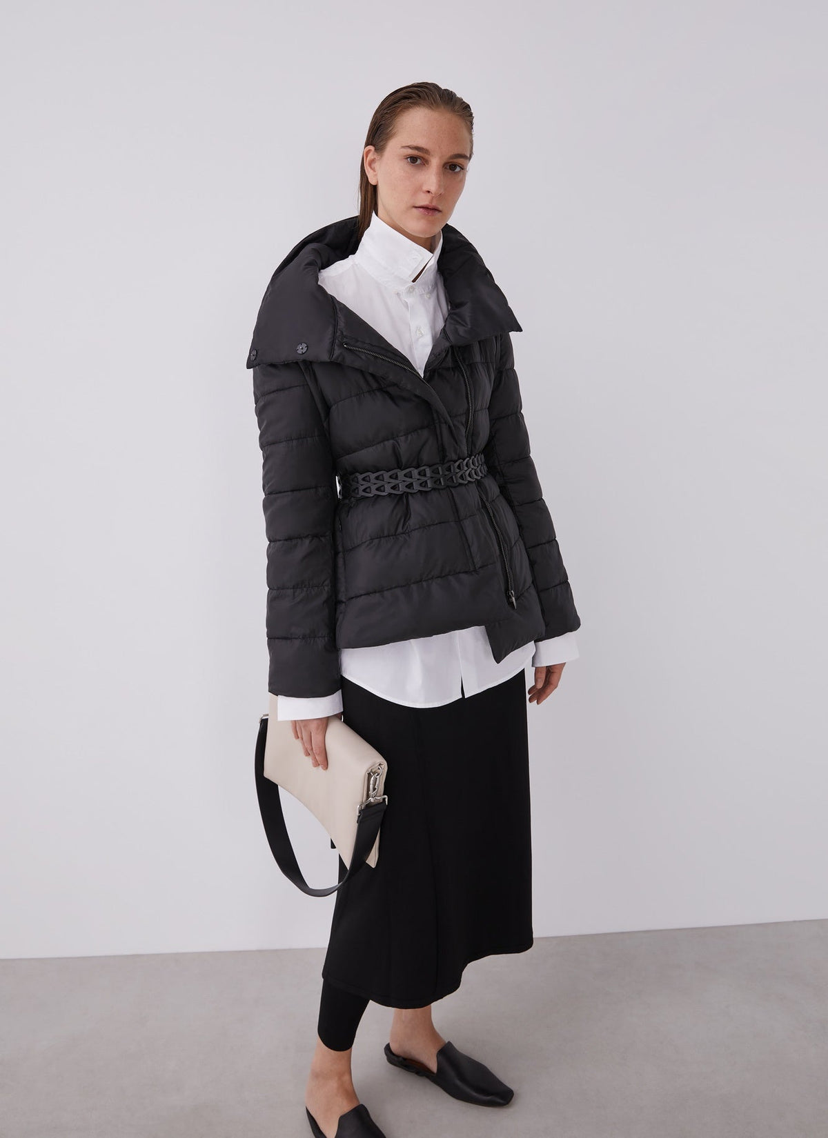 Women Structured Jacket | Black Padded Turtleneck Anorak by Spanish designer Adolfo Dominguez