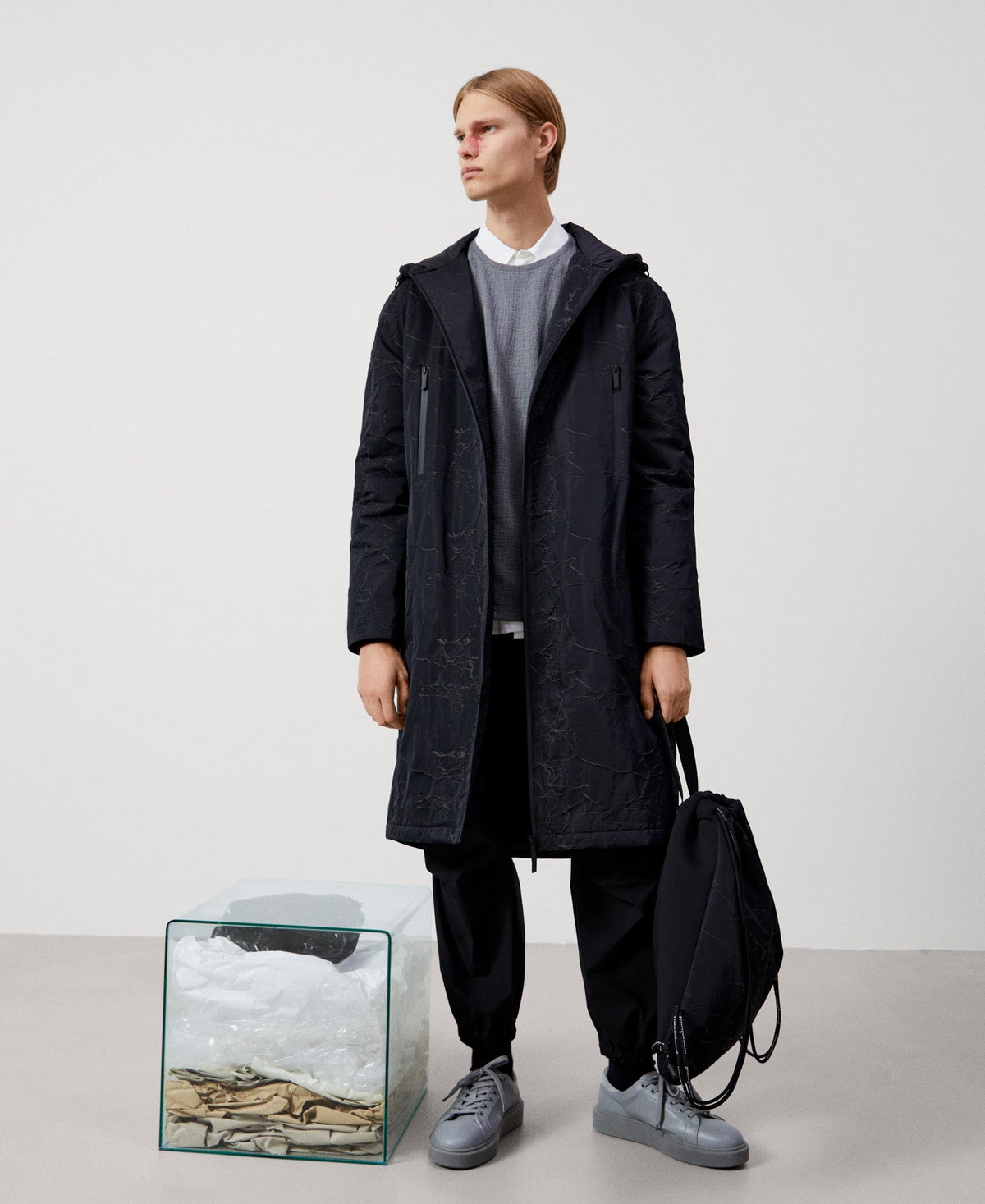 Men Bags | Black Print Crackle Print Backpack by Spanish designer Adolfo Dominguez