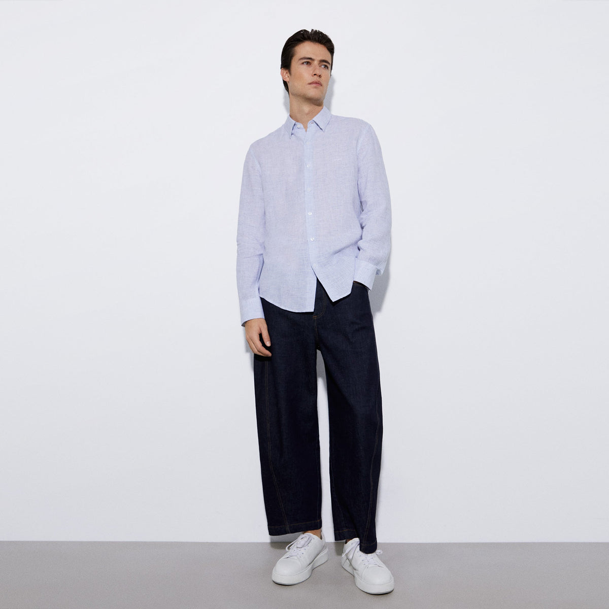 Men Shirt | Blue Check Printed Linen Lapel Collar Shirt by Spanish designer Adolfo Dominguez