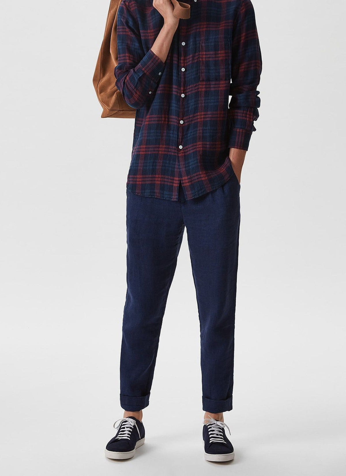 Men Long-Sleeve Shirt | Blue Check Shirt by Spanish designer Adolfo Dominguez