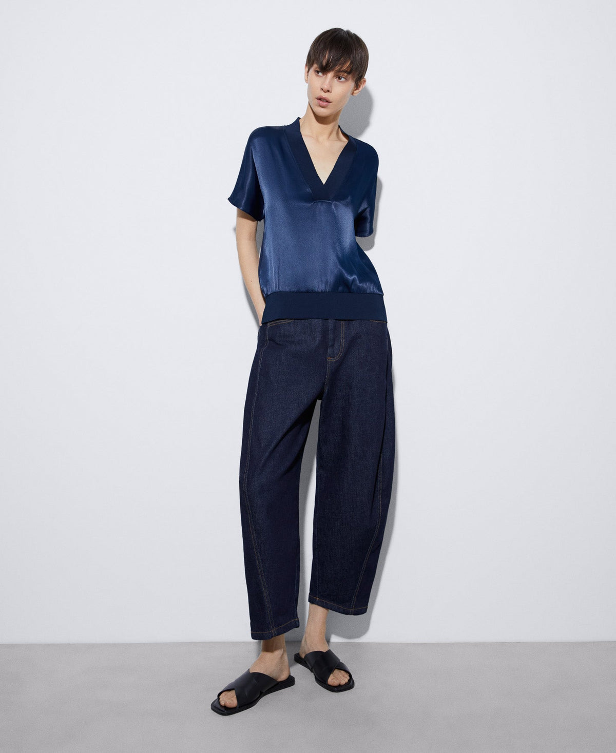 Women T-Shirt (Short Sleeve) | Blue Elasticated Waistband Viscose T-Shirt by Spanish designer Adolfo Dominguez