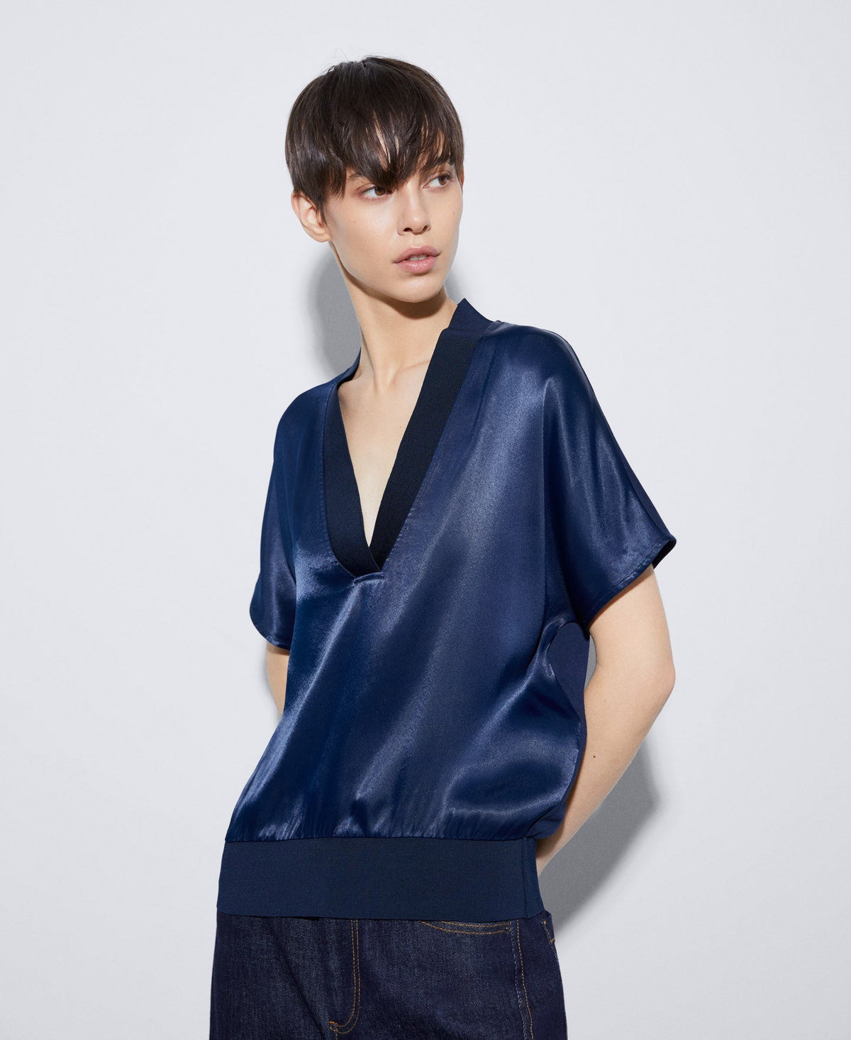 Women T-Shirt (Short Sleeve) | Blue Elasticated Waistband Viscose T-Shirt by Spanish designer Adolfo Dominguez