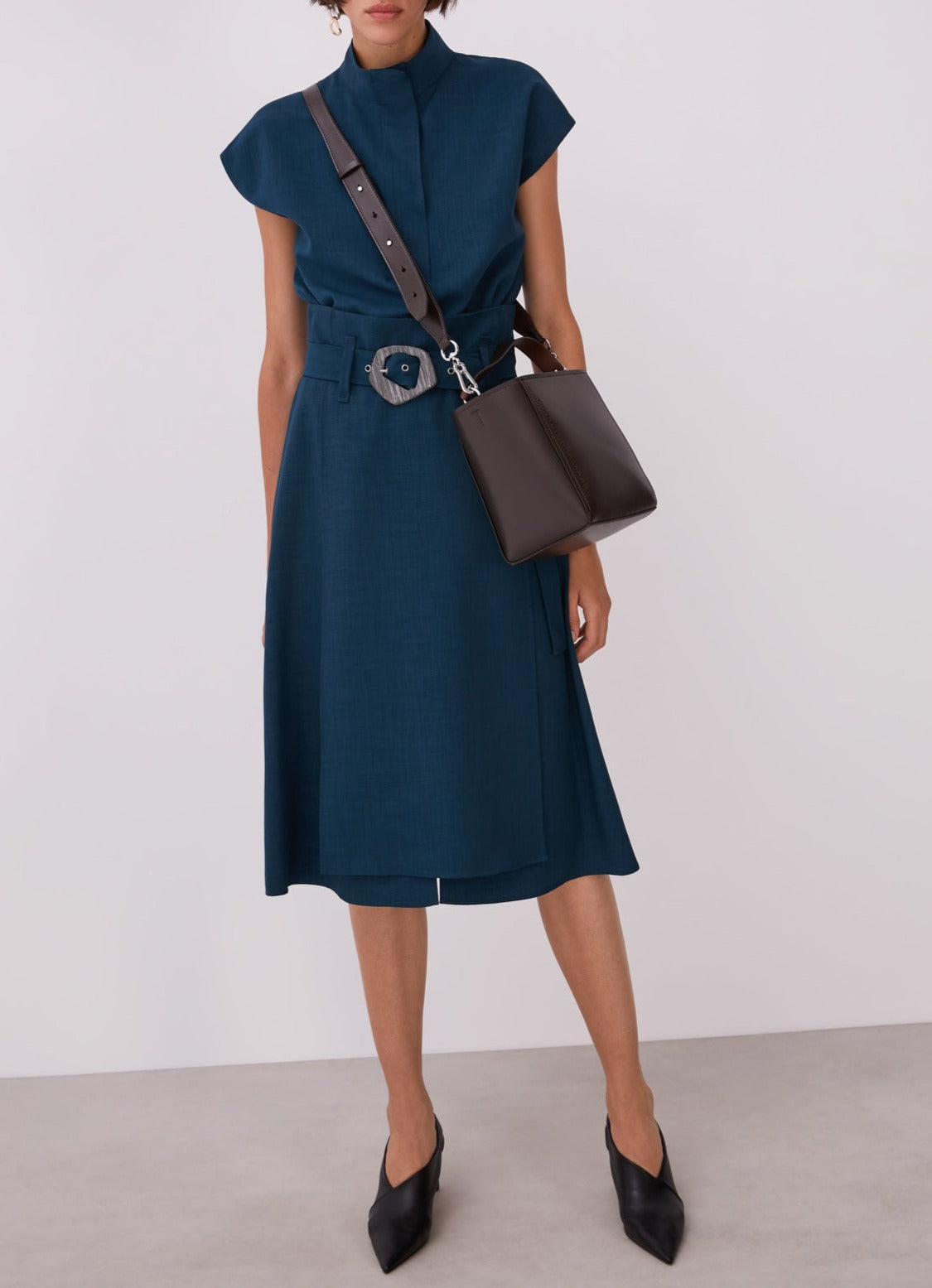 Women Short Sleeved Shirt | Blue High Collar Blouse With Flap by Spanish designer Adolfo Dominguez