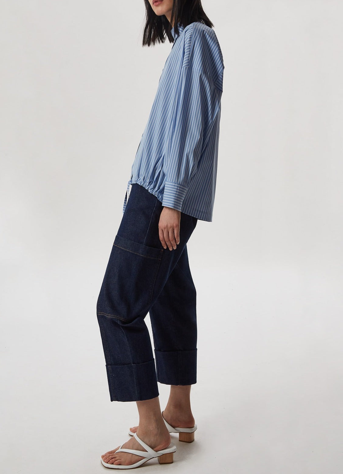 Women Shirt | Blue Stripe Elastic Cotton Shirt With Hem Gatherin by Spanish designer Adolfo Dominguez