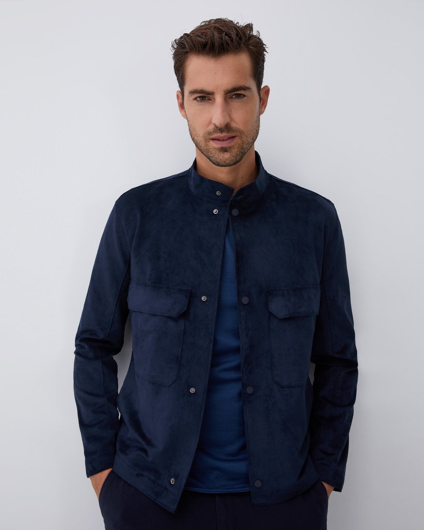 Men Ecoleather | Blue Suedette Jacket With Chest Patch Pockets by Spanish designer Adolfo Dominguez