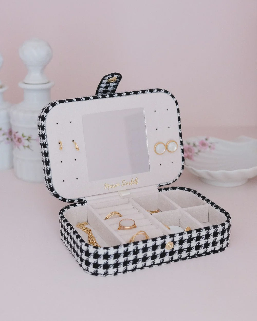 Brigitte Houndstooth Travel Jewelry Box Black