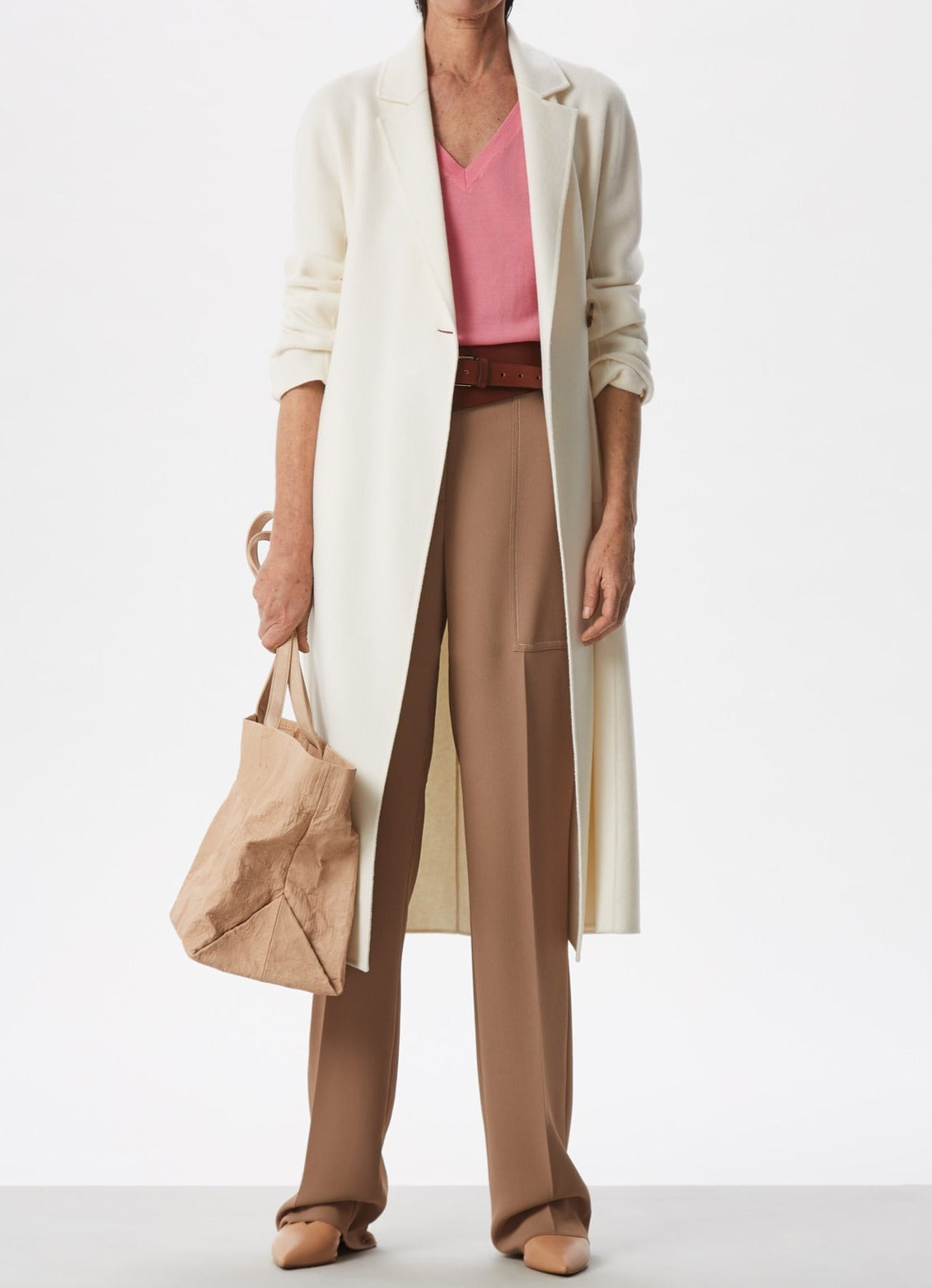 Women Trousers | Camel Straight Trousers With Visible Stitching by Spanish designer Adolfo Dominguez