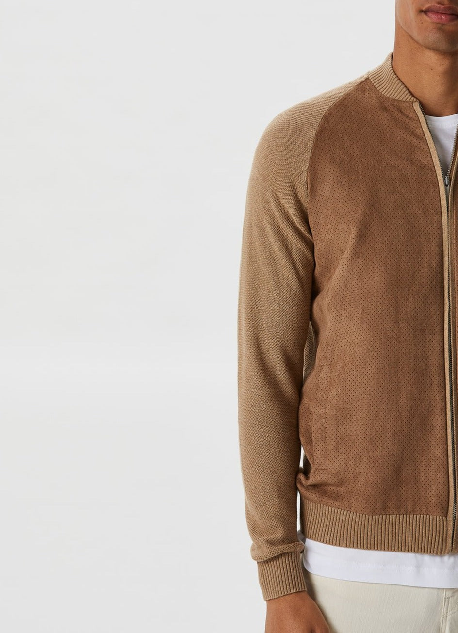 Men Knit Jacket | Camel Varsity Jacket With Suedette Front by Spanish designer Adolfo Dominguez