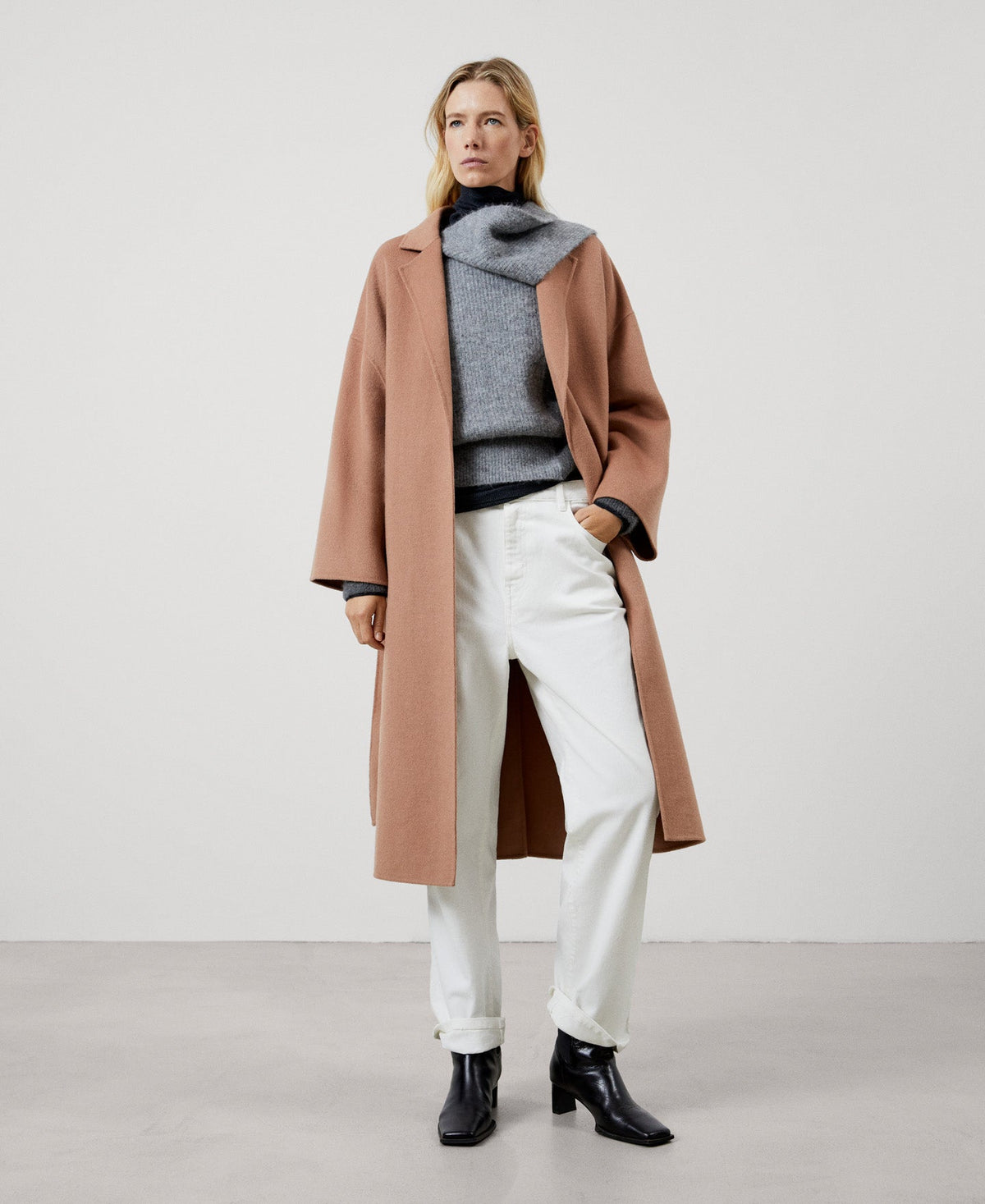 Women Jersey | Charcoal Grey/Ligh Wooll Knitted Scarf Collar Sweater by Spanish designer Adolfo Dominguez
