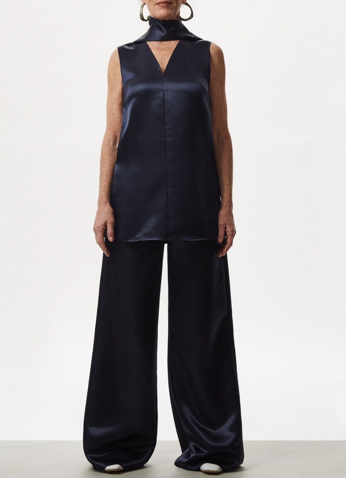 Women Top | Dark Blue Glossy Top With Matching Scarf by Spanish designer Adolfo Dominguez