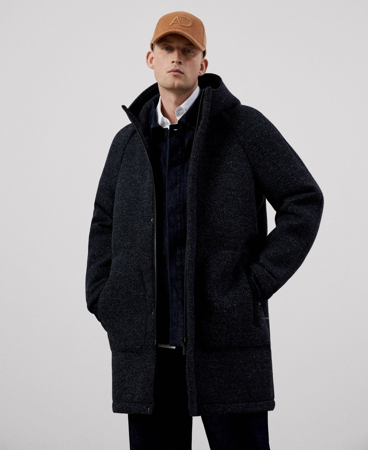 Men Long Jacket | Dark Grey Mens Coat by Spanish designer Adolfo Dominguez