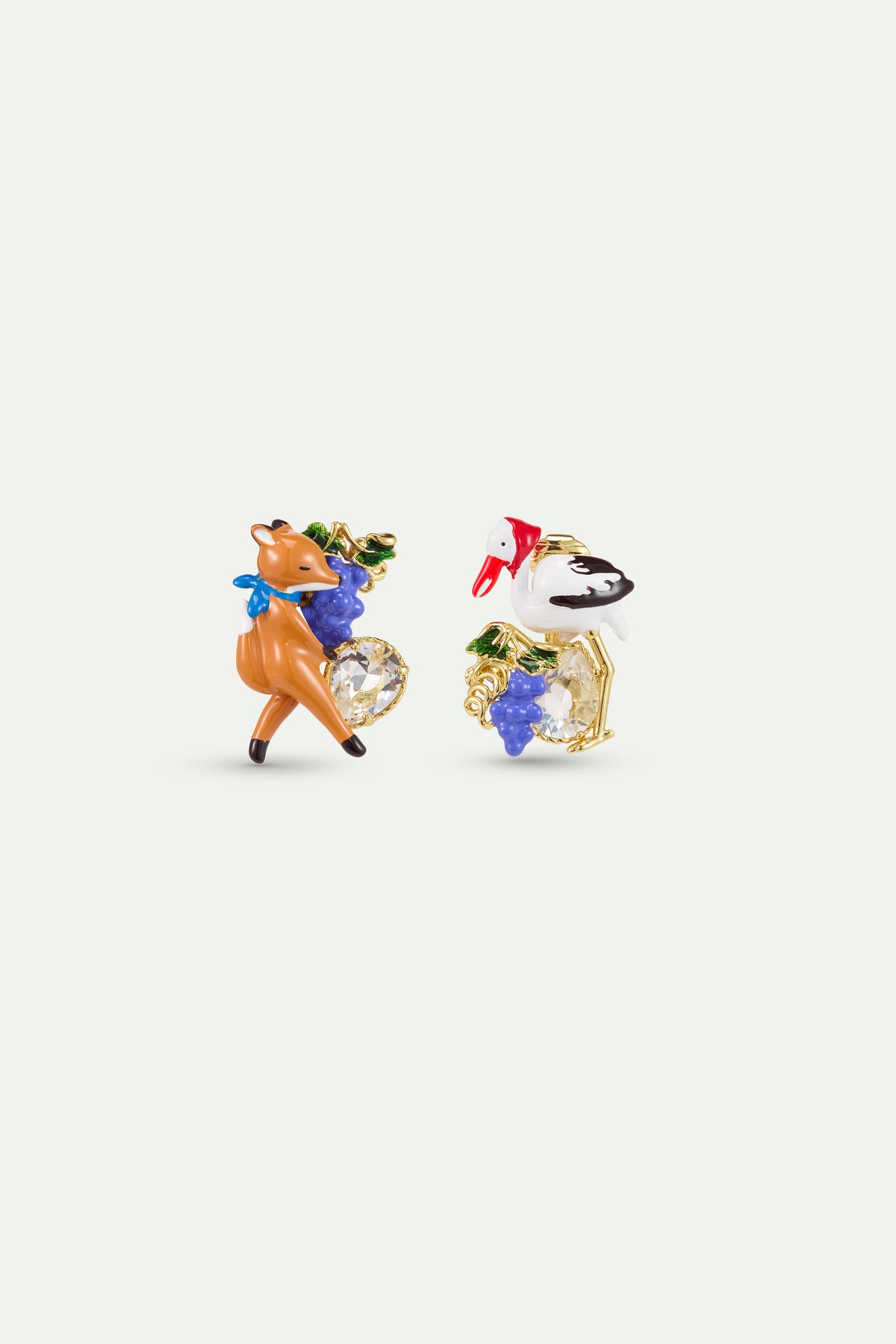 Asymmetrical Fox And Stork Earrings With Grapes clip-on view