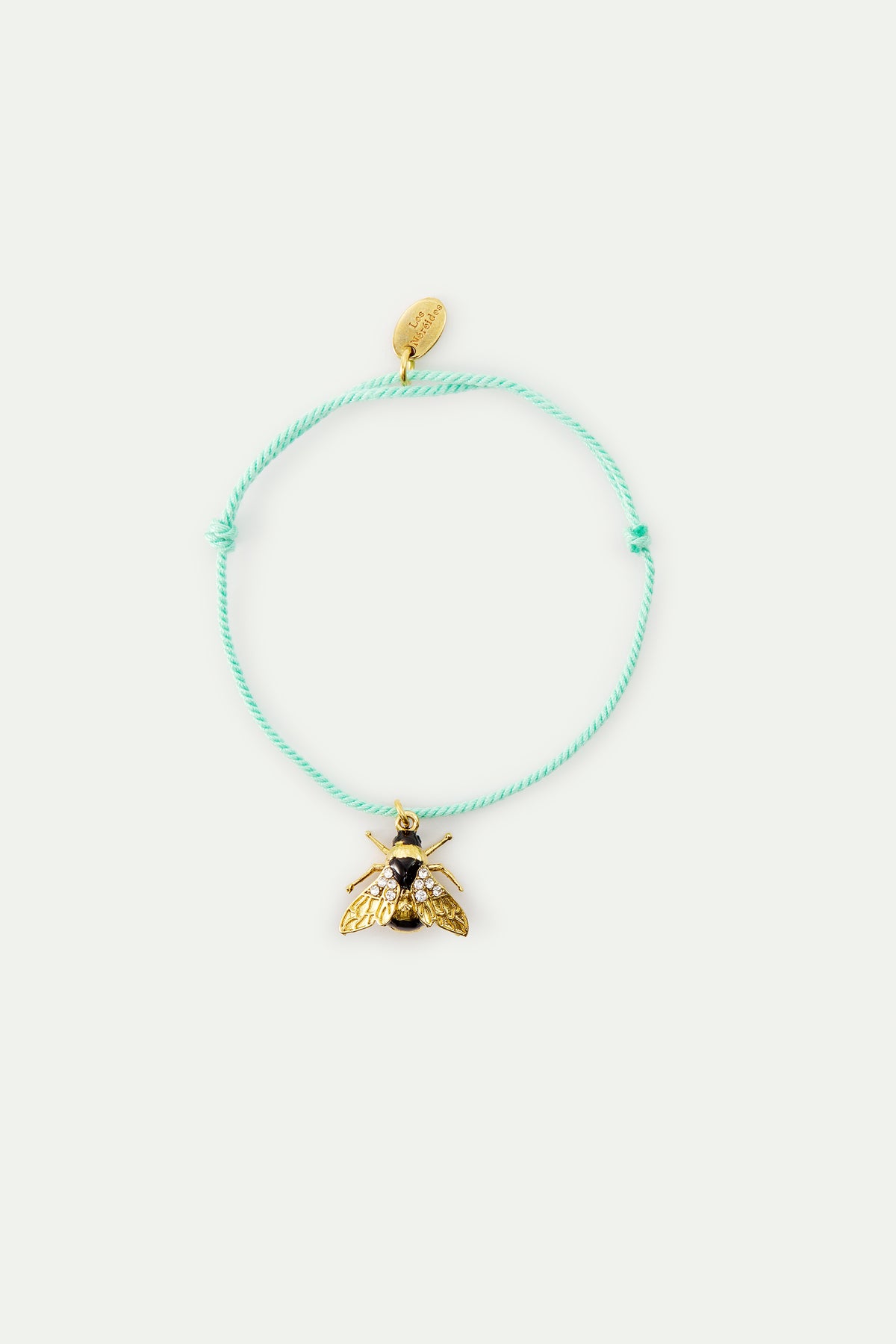 Gold Bee And Crystal Blue Cord Bracelet front view