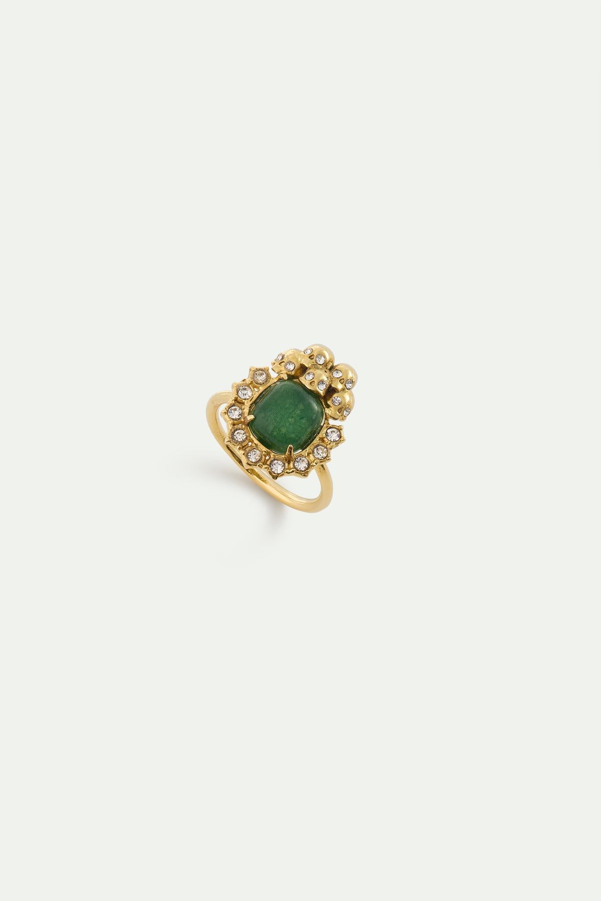 Green Aventurine, Skulls and Crystal Ring front view