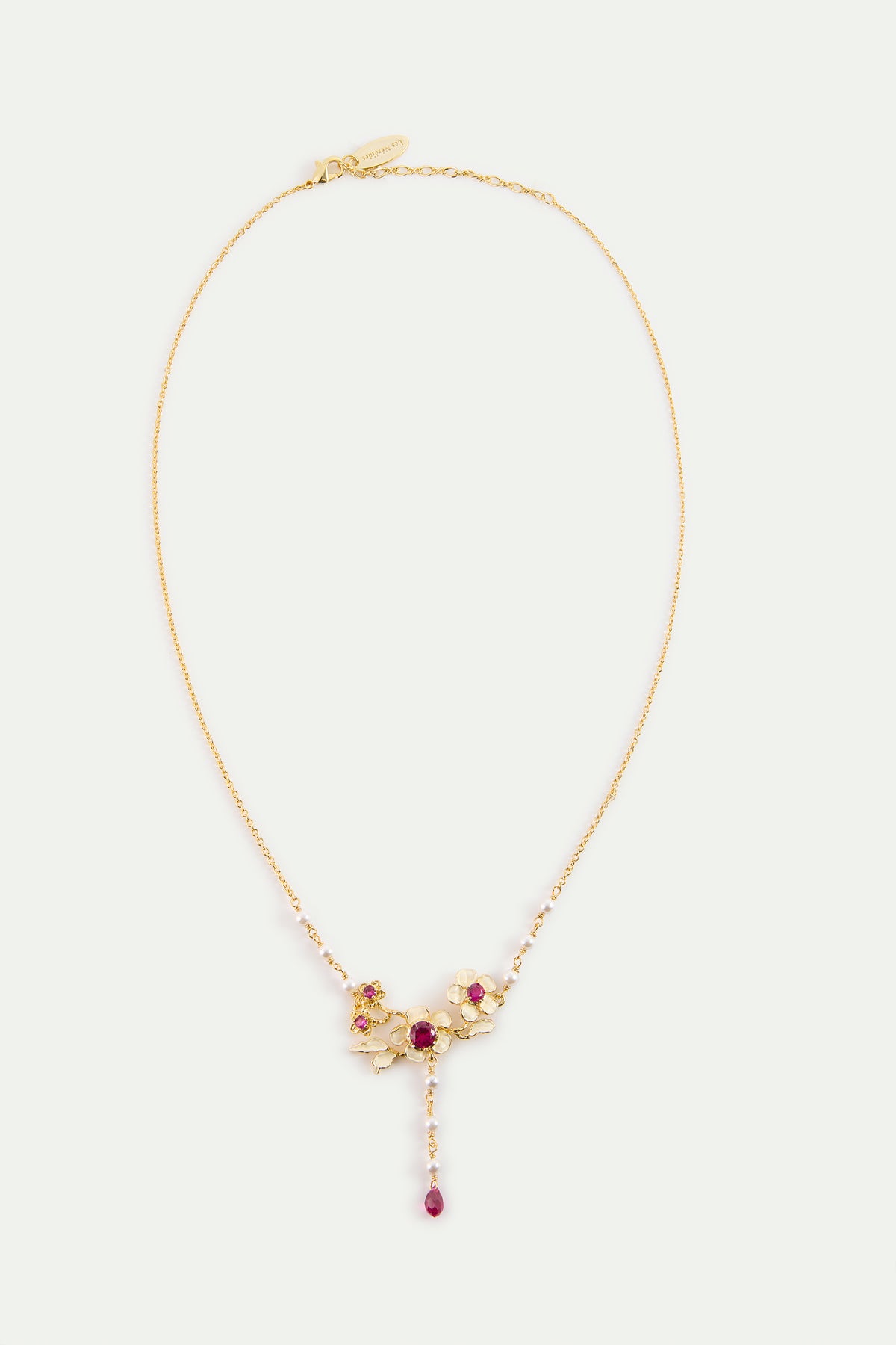 Gold Anemone Statement Necklace With Pink Stones And Cultured Pearls detail view