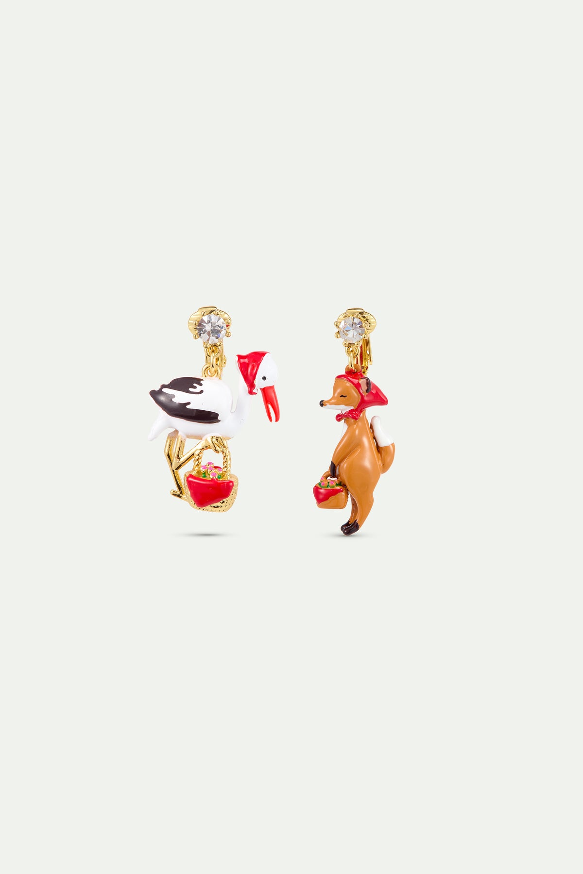 Asymmetrical Fox And Stork Earrings clip-on view
