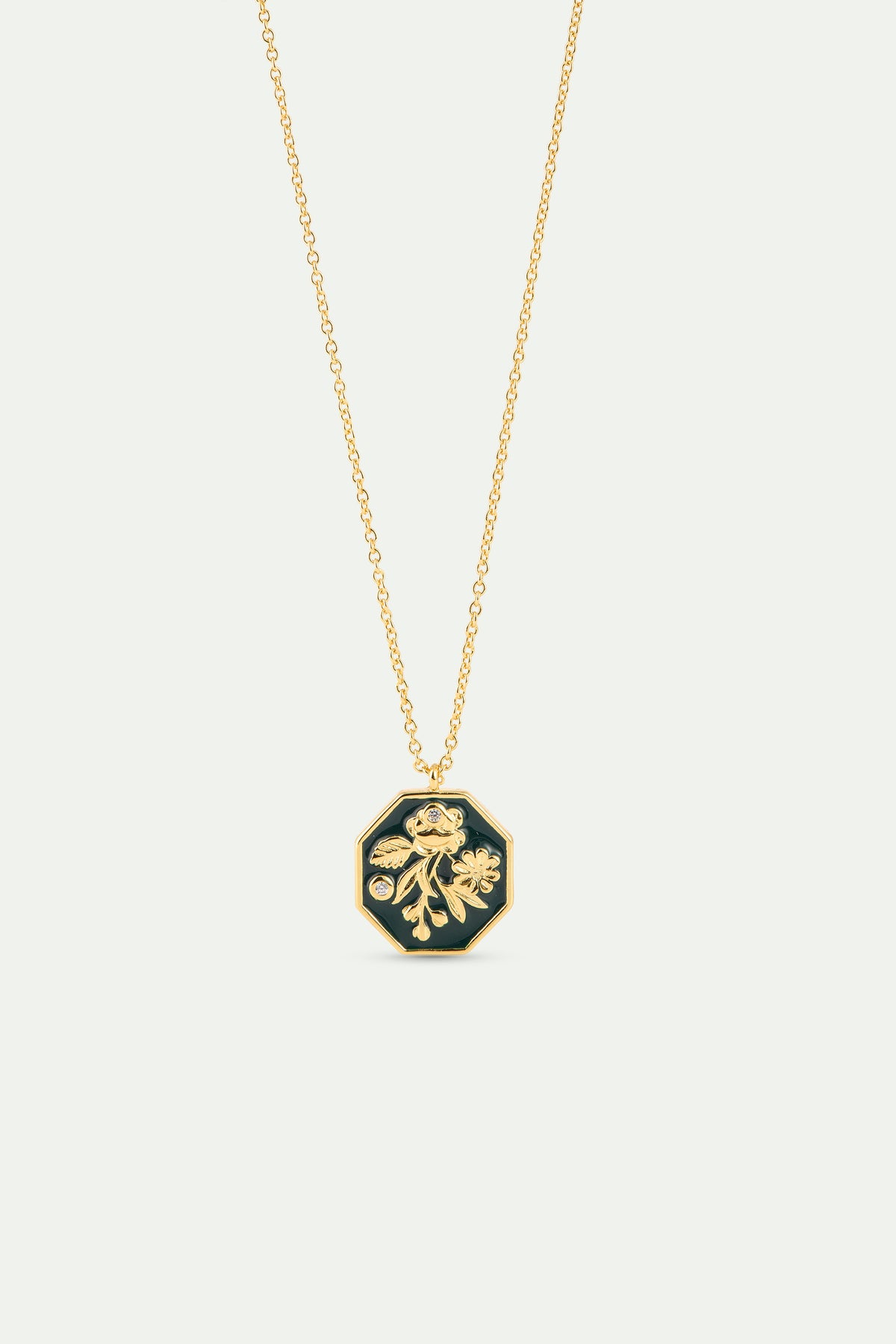 Black And Gold Peony Medallion Pendant Necklace front view