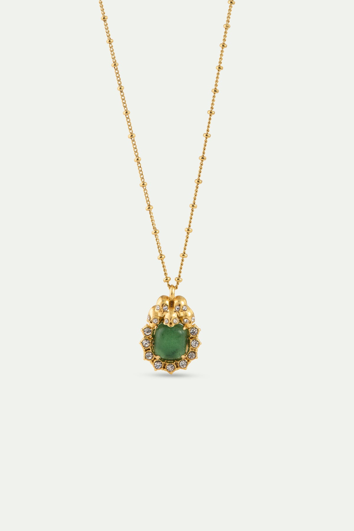 Green Aventurine, Skulls and Crystal Pendant Necklace front view