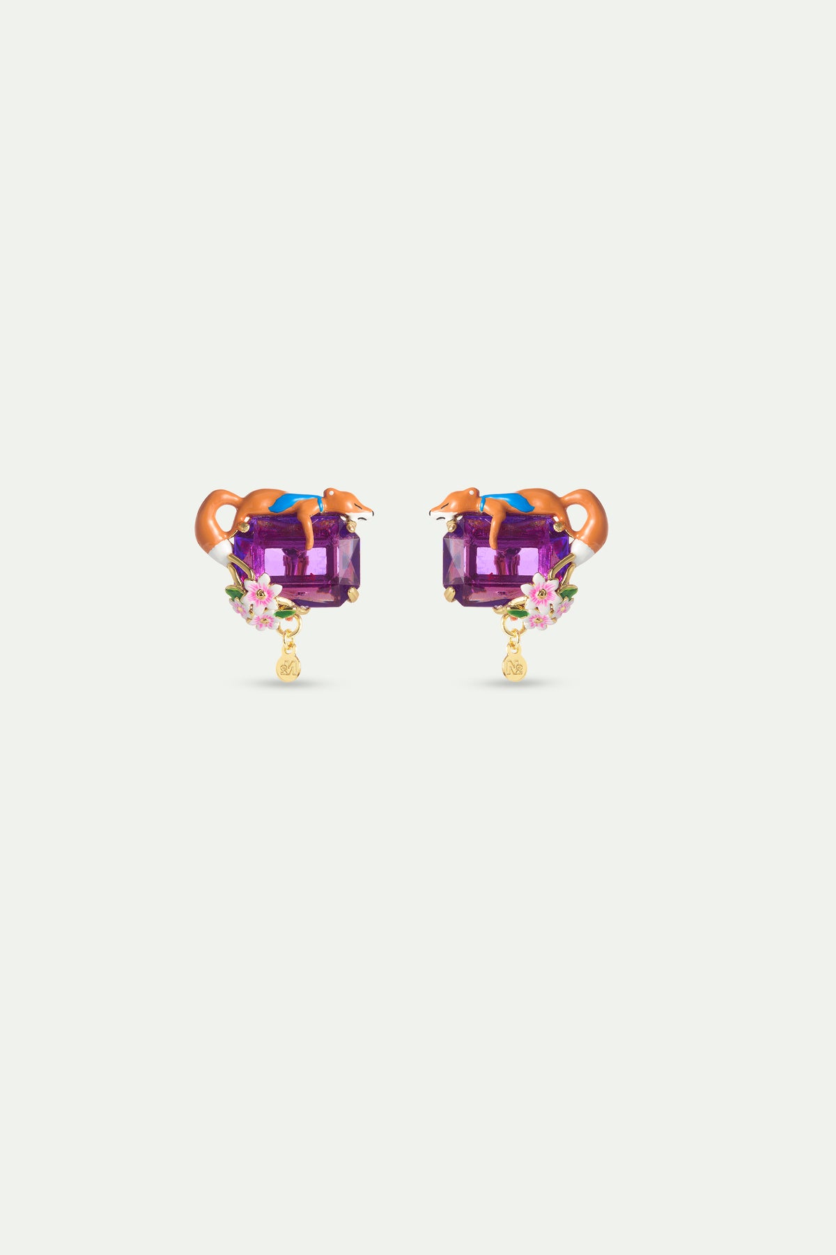 Purple Rectangular Stone Fox And Flower Earrings clip-on view
