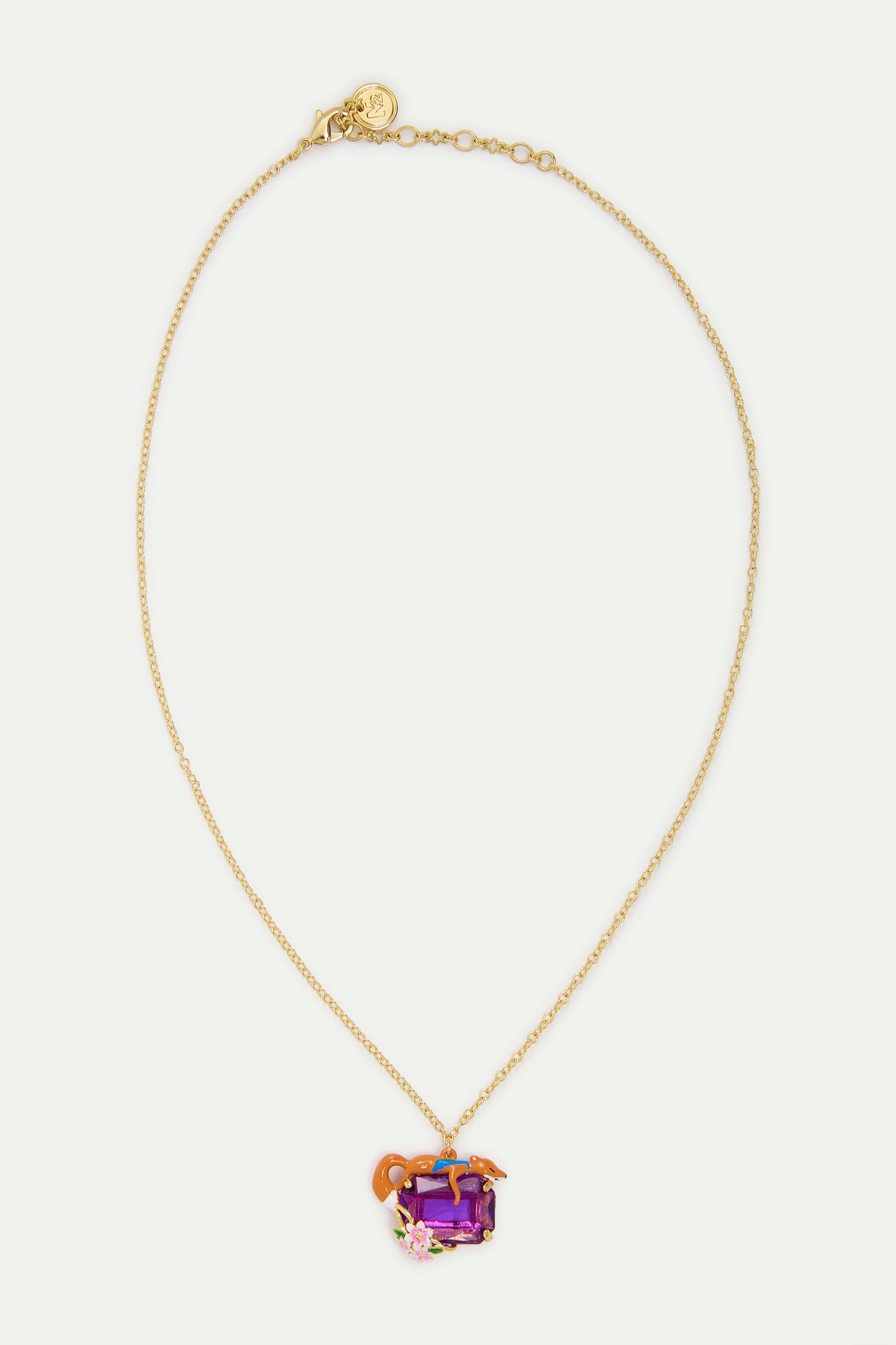 Purple Rectangular Stone Fox And Flower Pendant Necklace detail view