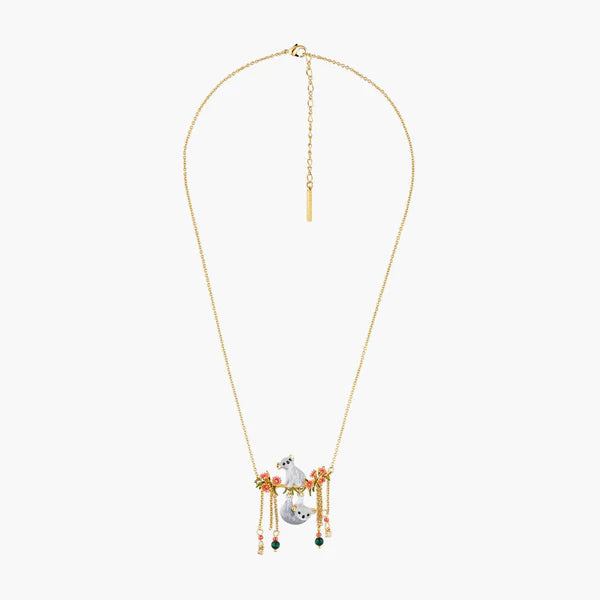 Duo Of Koalas, Pink Eucalyptus And Malachite Beads Statement Necklace | AOLA3031