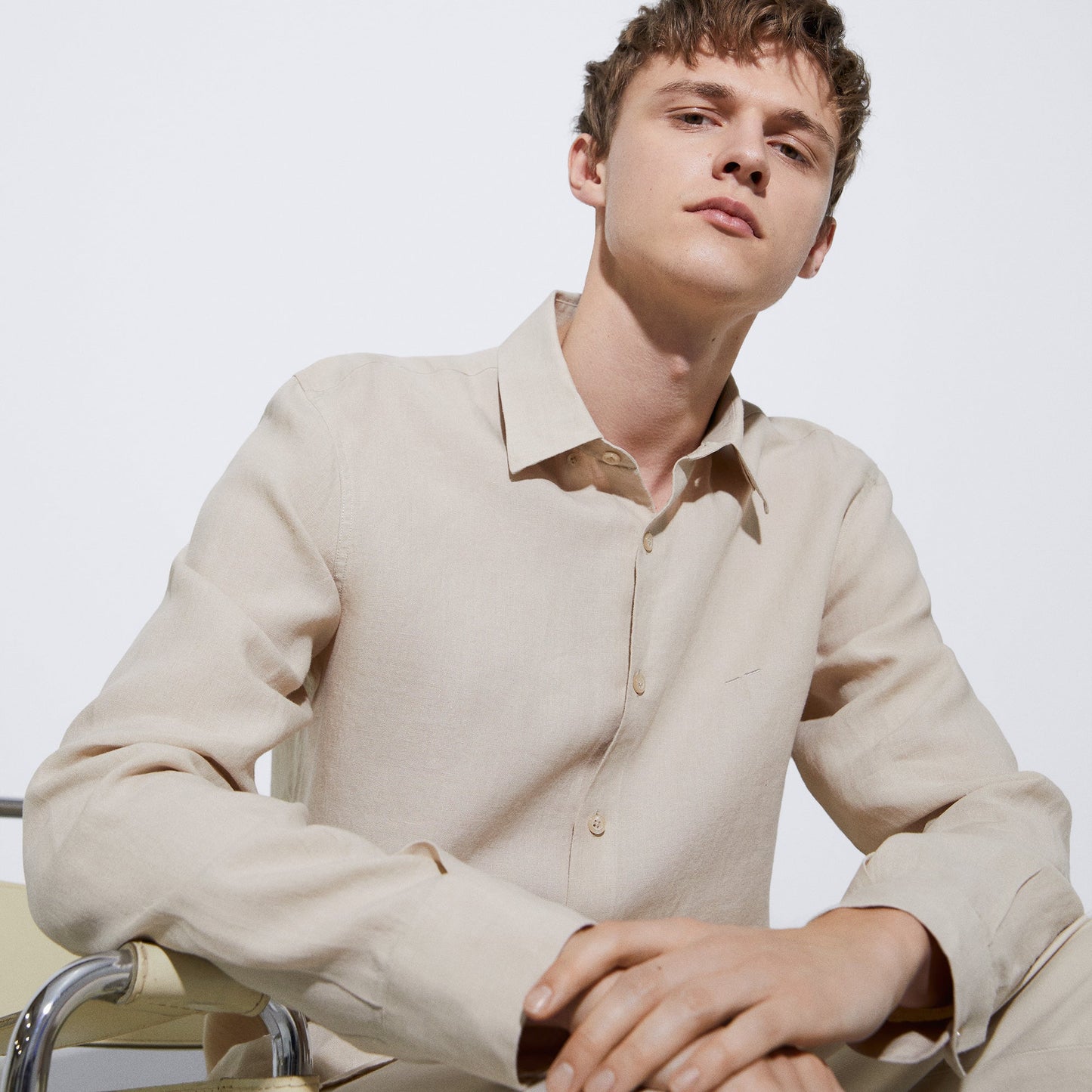 Men Shirt | Ecru Linen Lapel Collar Shirt by Spanish designer Adolfo Dominguez