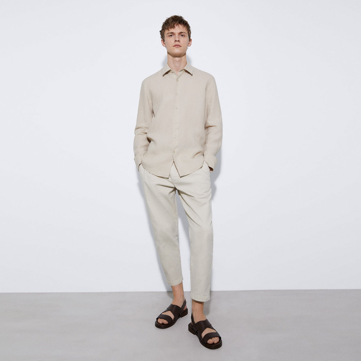 Men Shirt | Ecru Linen Lapel Collar Shirt by Spanish designer Adolfo Dominguez