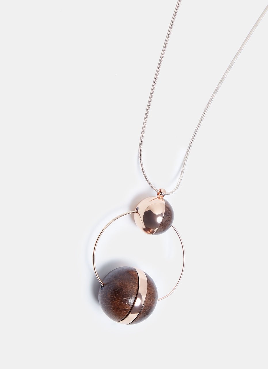Women Necklace | Gold Pink Long Necklace With Wooden Pendants by Spanish designer Adolfo Dominguez