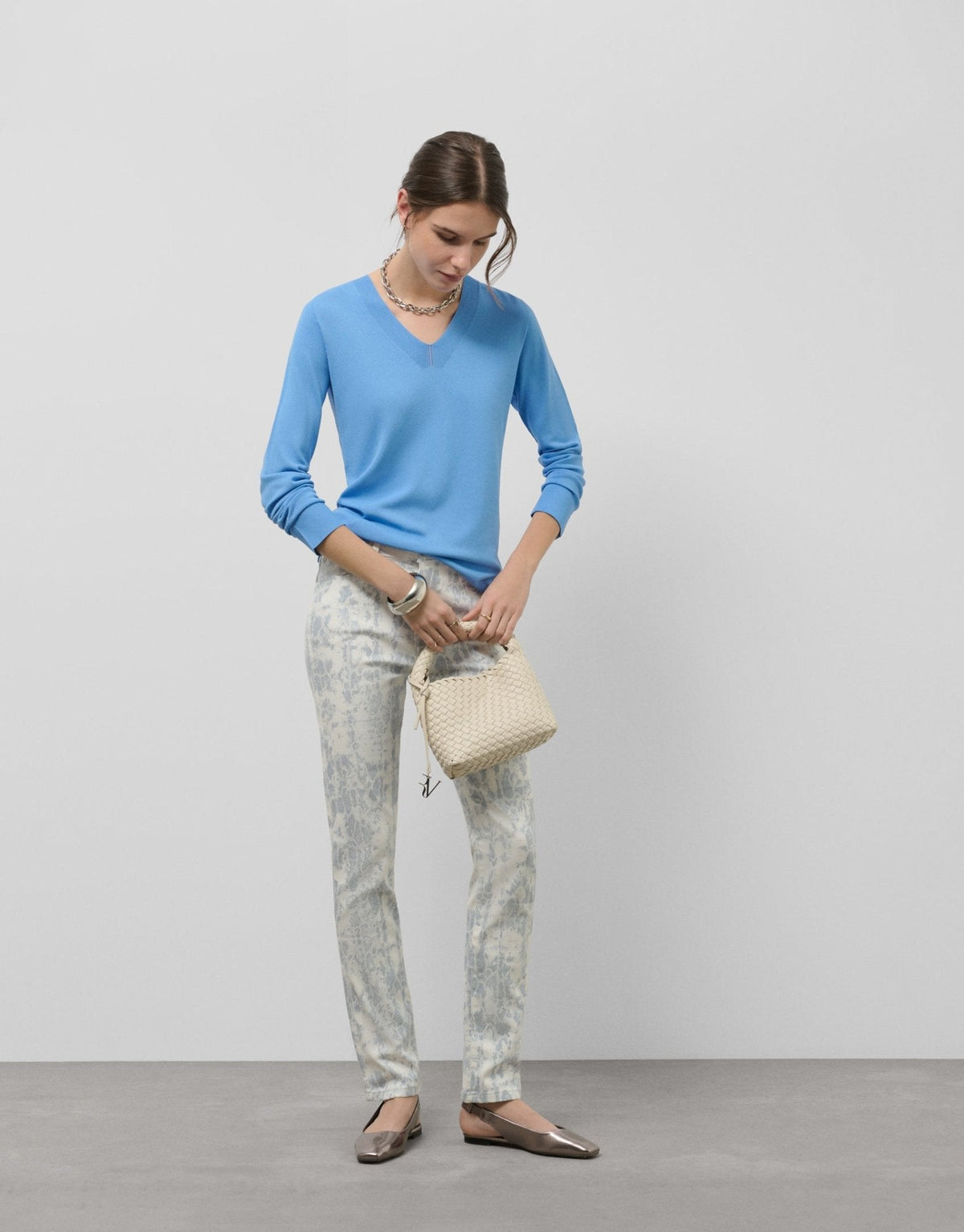 Pants | Gray blue animal print white five - pocket pants by Spanish designer Roberto Verino