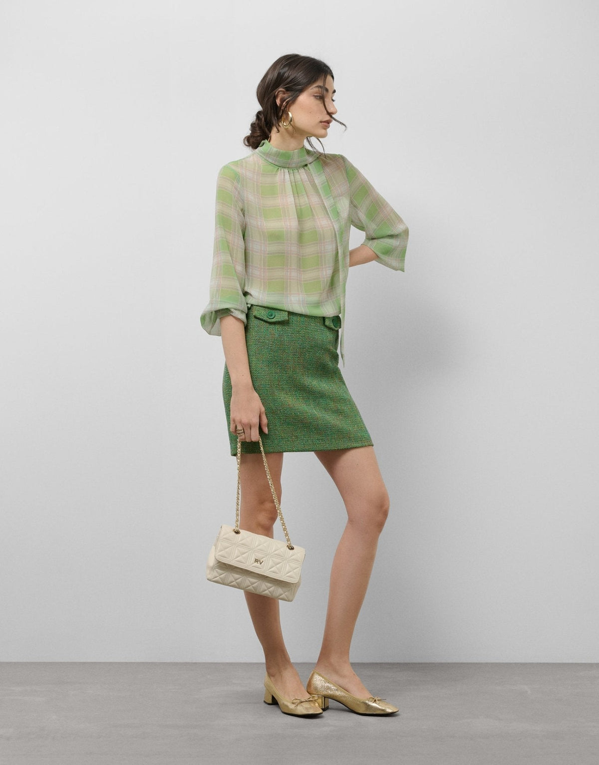 Shirts & Blouses | Green checkered blouse with puckered neckline by Spanish designer Roberto Verino
