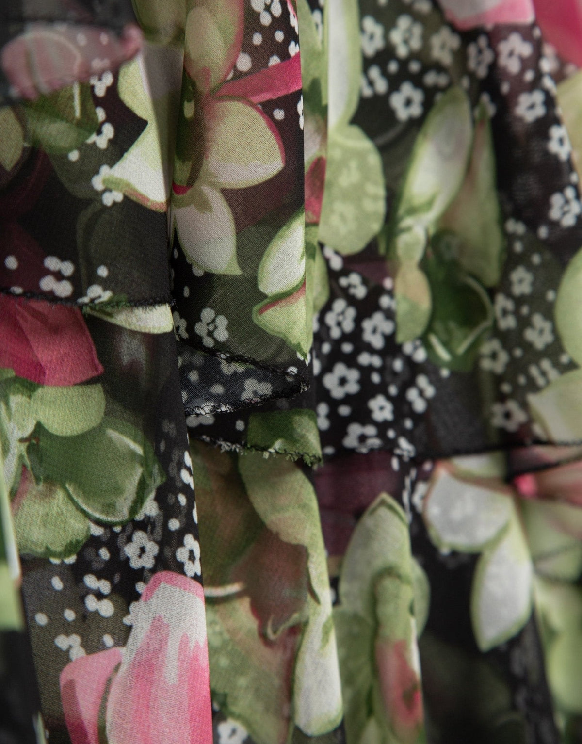 Dresses | Green georgette crepe dress with an asymmetric cut, frills and floral print by Spanish designer Roberto Verino