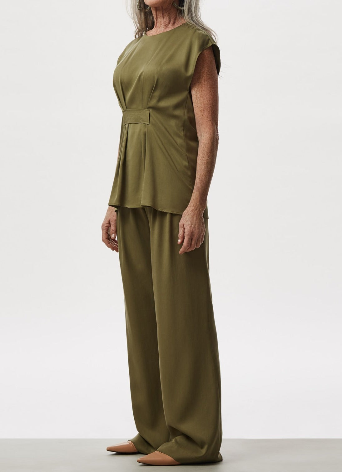 Women Top | Green Lyocell Blouse With Front Gathering by Spanish designer Adolfo Dominguez