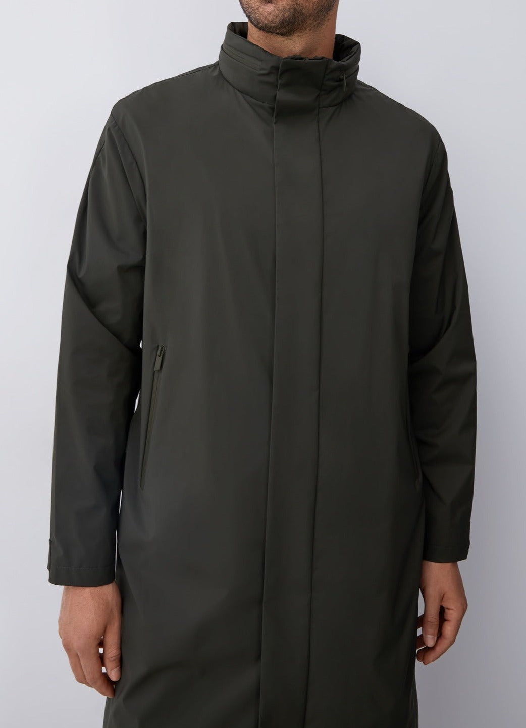 Men Long Jacket | Green Parka With Hidden Hood by Spanish designer Adolfo Dominguez