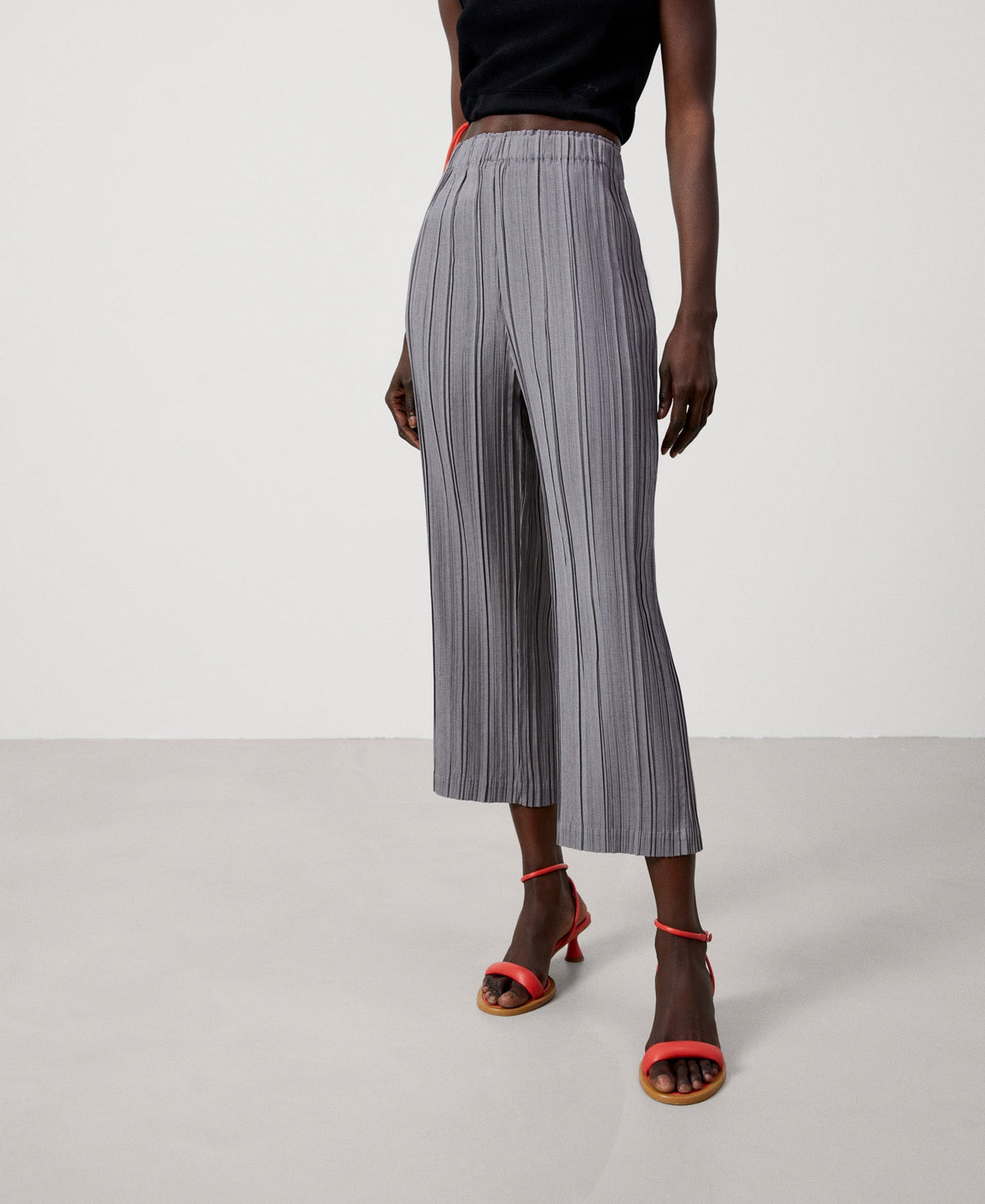 Women Trousers | Grey Crinkle Wide Leg Trousers by Spanish designer Adolfo Dominguez