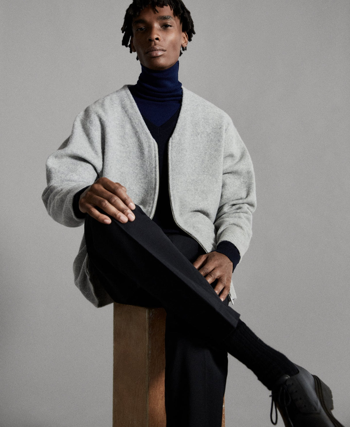 Men Knit Jacket | Grey Melange Knitted Jacket In Wool Fabric by Spanish designer Adolfo Dominguez