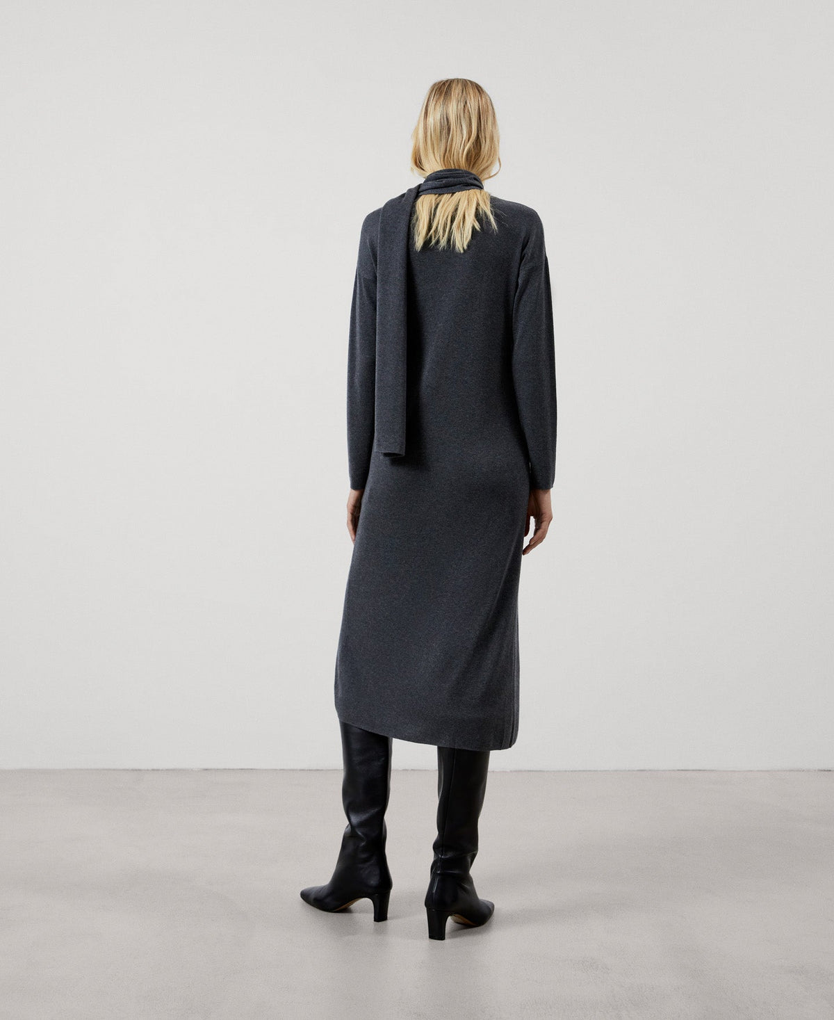 Women Dress | Grey Melange Long Scarf-Collar Dress In Lyocell by Spanish designer Adolfo Dominguez