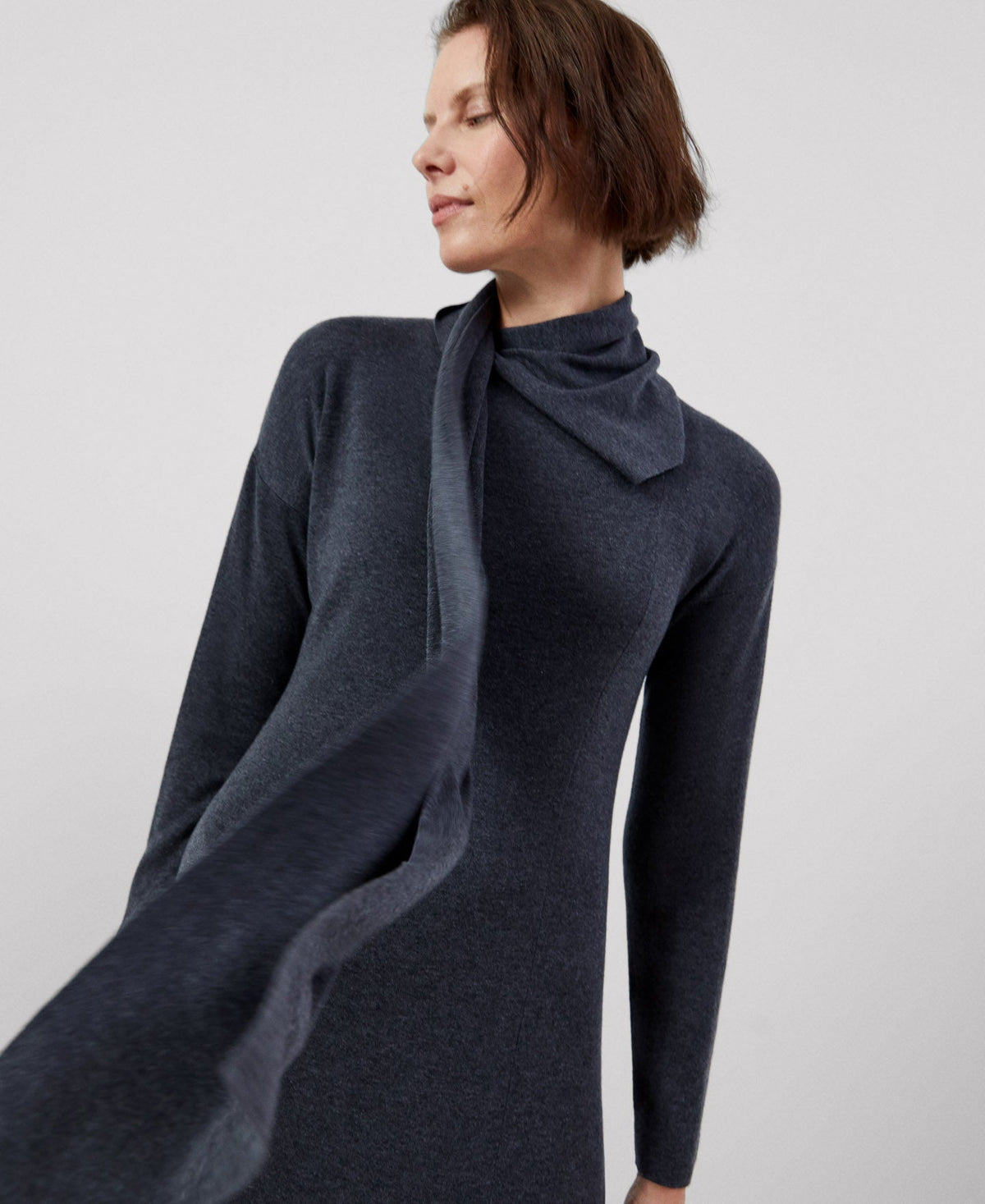 Women Dress | Grey Melange Long Scarf-Collar Dress In Lyocell by Spanish designer Adolfo Dominguez