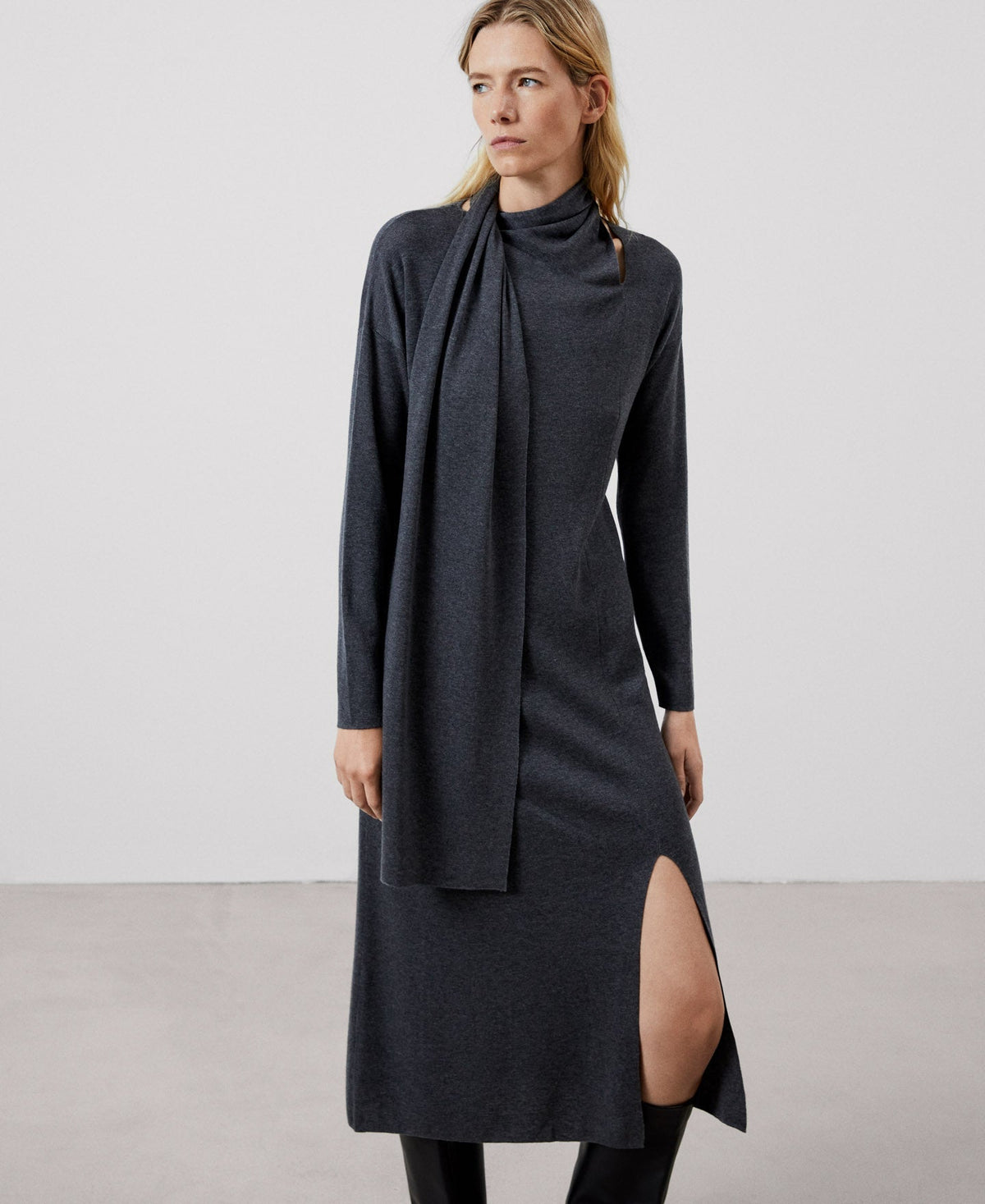 Women Dress | Grey Melange Long Scarf-Collar Dress In Lyocell by Spanish designer Adolfo Dominguez
