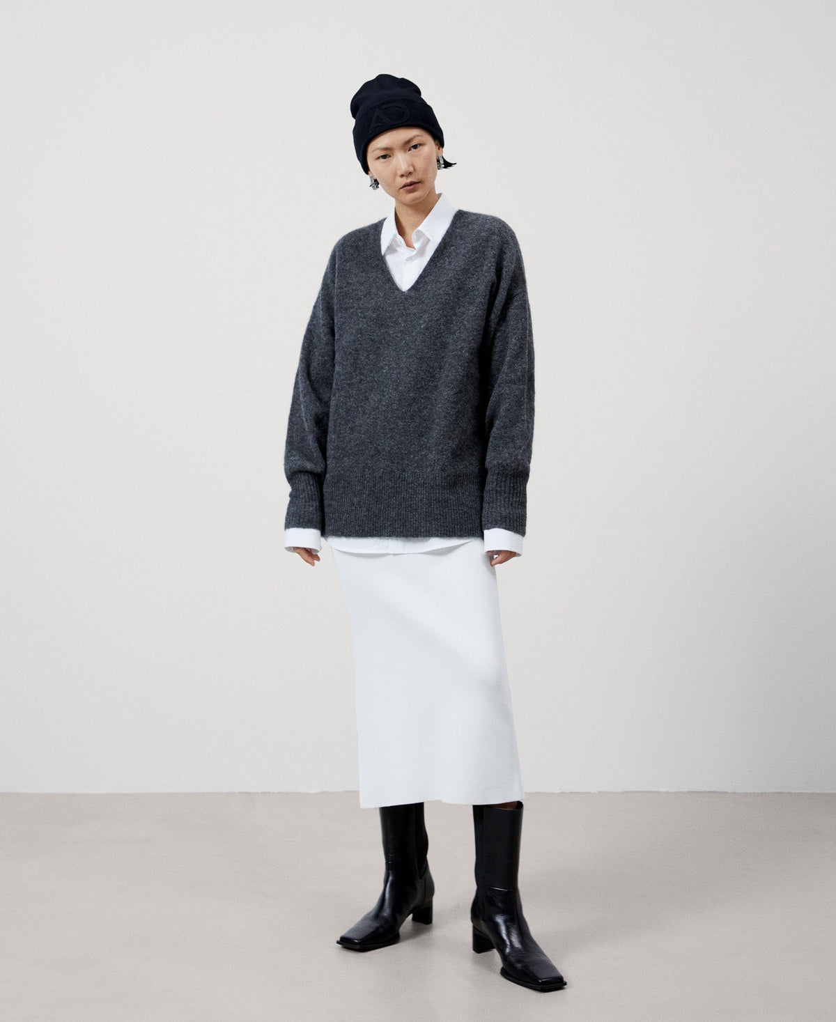 Women Jersey | Grey Melange V-Neck Mohair Sweater by Spanish designer Adolfo Dominguez