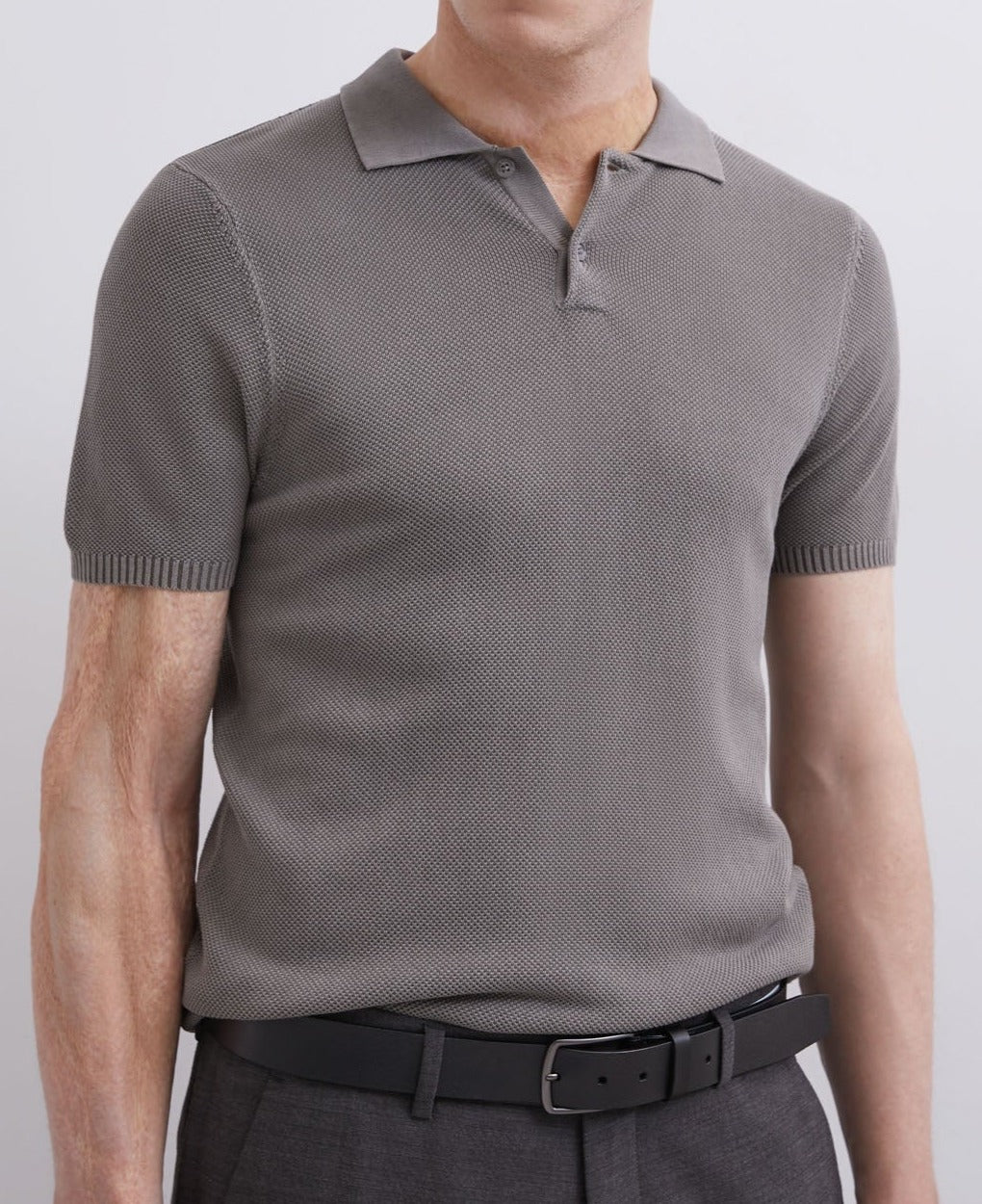 Men Polo | Grey Pique Shirt Collar Polo Shirt by Spanish designer Adolfo Dominguez