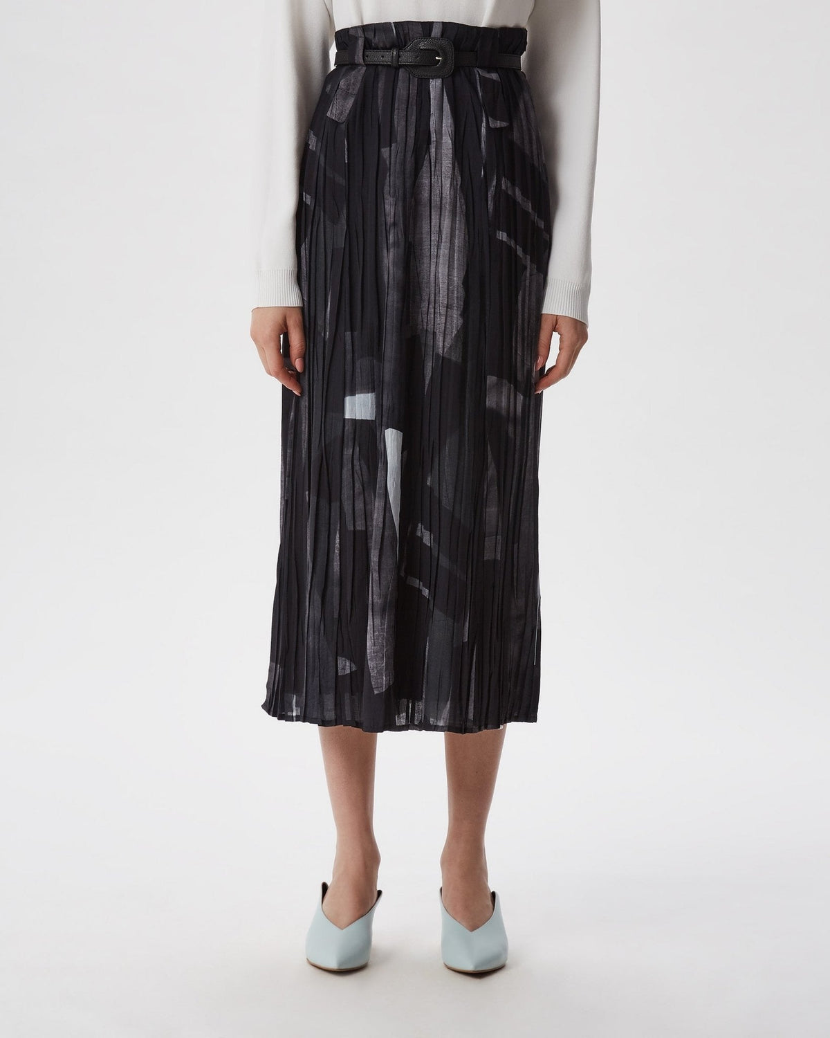 Women Skirt | Grey Print Pleated And Printed Midi Skirt by Spanish designer Adolfo Dominguez