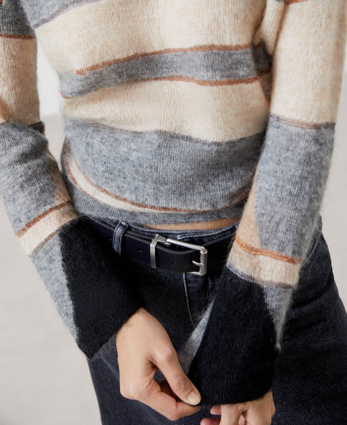 Women Jersey | Grey Stripe V-Neck Mohair Knitted Sweater by Spanish designer Adolfo Dominguez