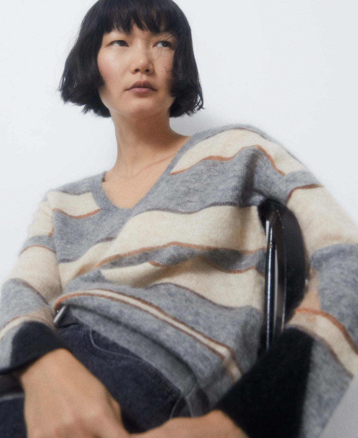 Women Jersey | Grey Stripe V-Neck Mohair Knitted Sweater by Spanish designer Adolfo Dominguez