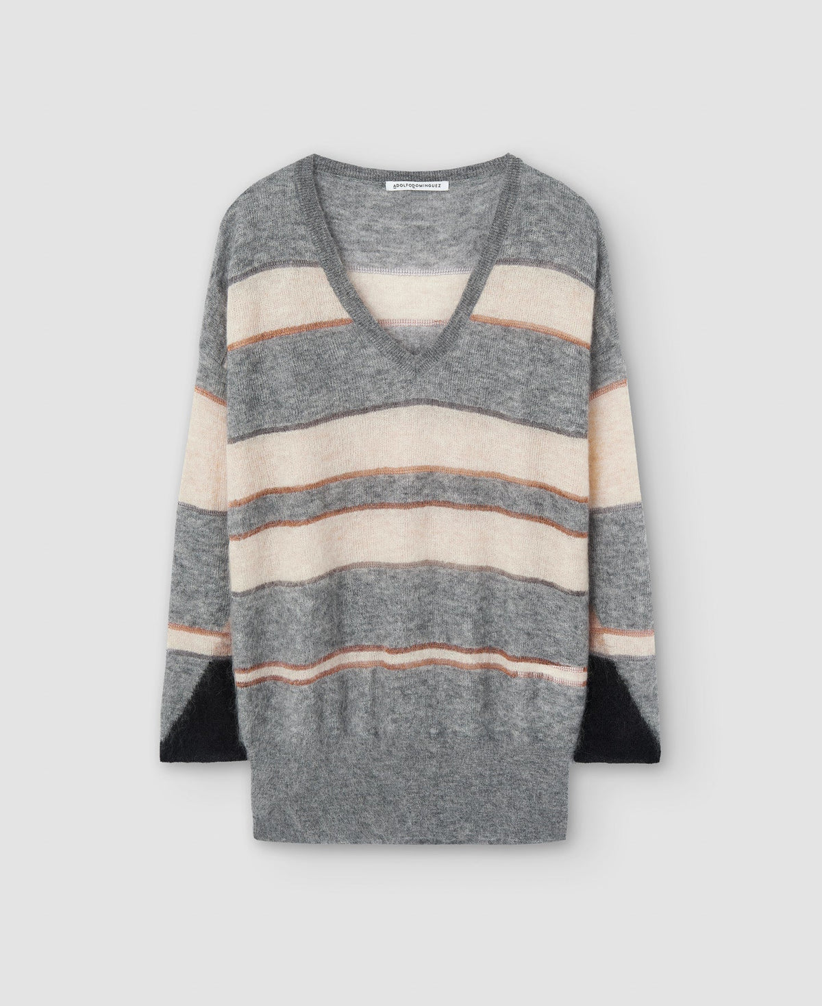 Women Jersey | Grey Stripe V-Neck Mohair Knitted Sweater by Spanish designer Adolfo Dominguez