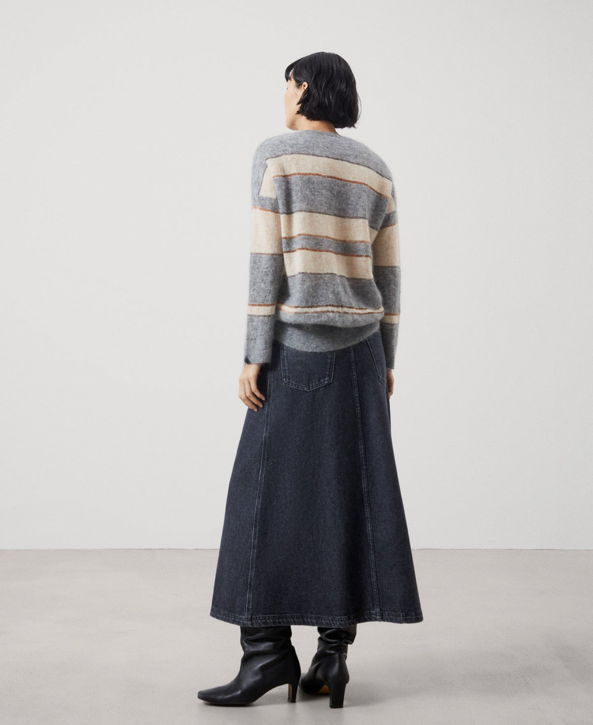 Women Jersey | Grey Stripe V-Neck Mohair Knitted Sweater by Spanish designer Adolfo Dominguez