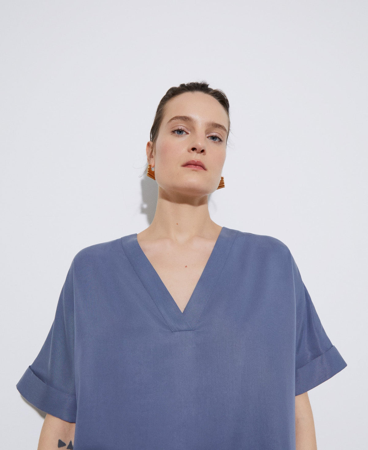 Women Shirt | Grey/Blue Short Sleeve Japanese Blouse In Lyocell by Spanish designer Adolfo Dominguez