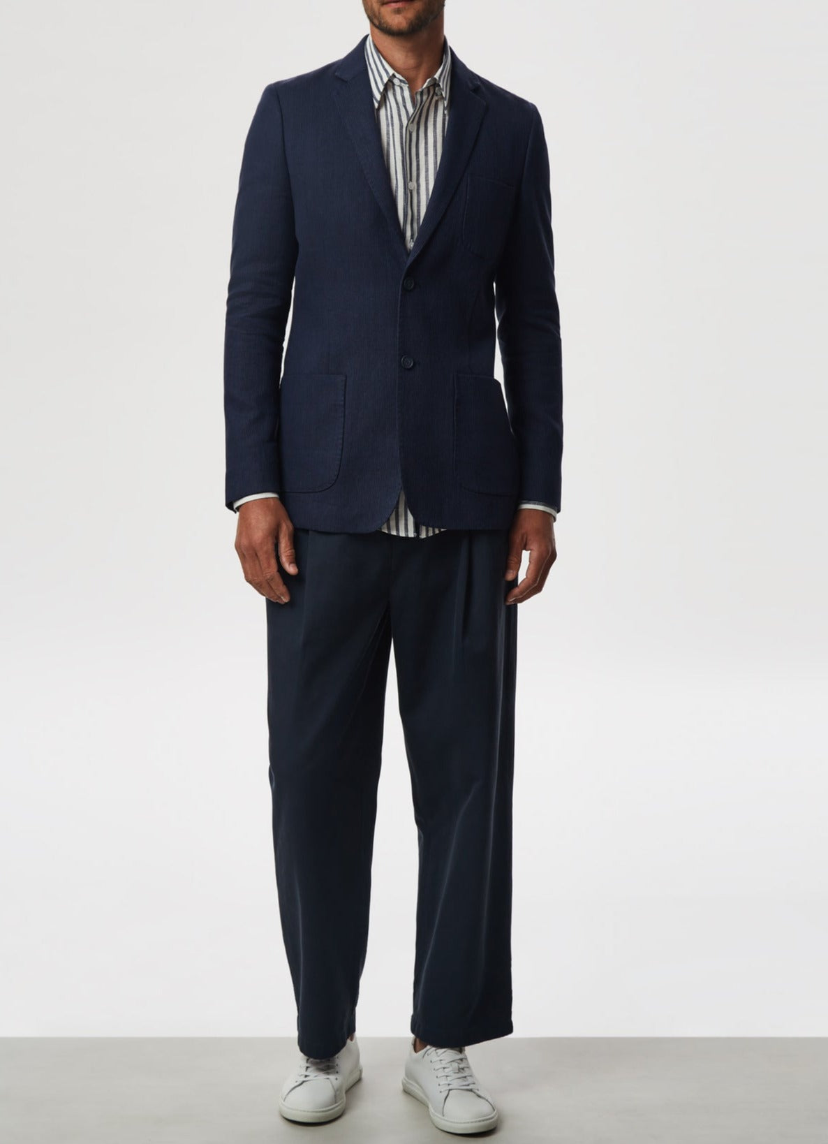 Men Unstructured Jacket | Ink Blue Washed Linen Blazer by Spanish designer Adolfo Dominguez