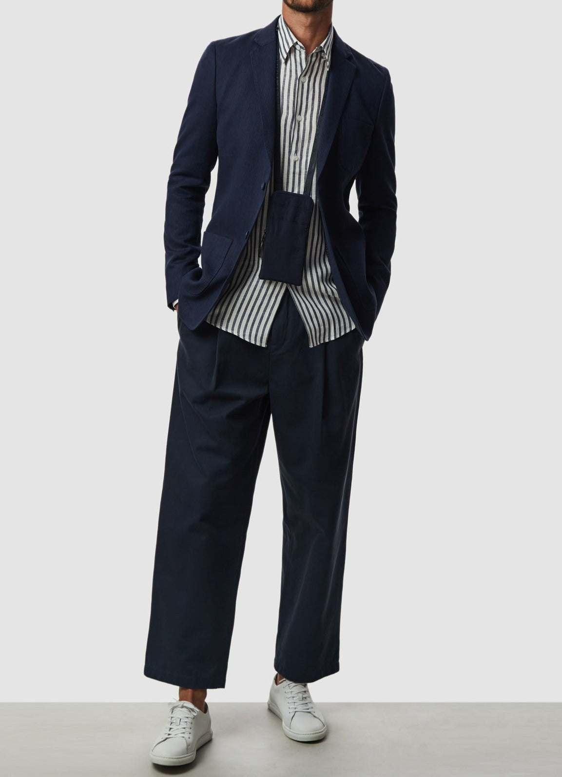 Men Unstructured Jacket | Ink Blue Washed Linen Blazer by Spanish designer Adolfo Dominguez